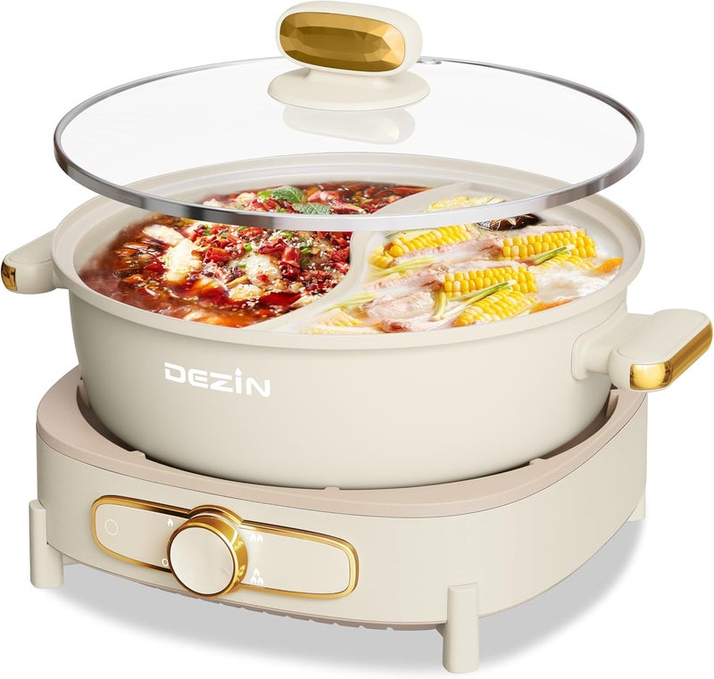 DEZIN Hot Pot Electric with Divider, 6L Double-Flavor Shabu Shabu Pot, Dual Sided Removable Non-Stick Hotpot Pot Electric, 3" Depth Chinese Hot Pot with Multi-Power Control, 2 Silicone Ladles Included - Image 1